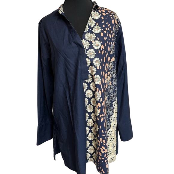 Chico’s Women's Sz 1 US 8 M No Iron Mixed Print Tunic Buttons Geometric Travel - Picture 1 of 11